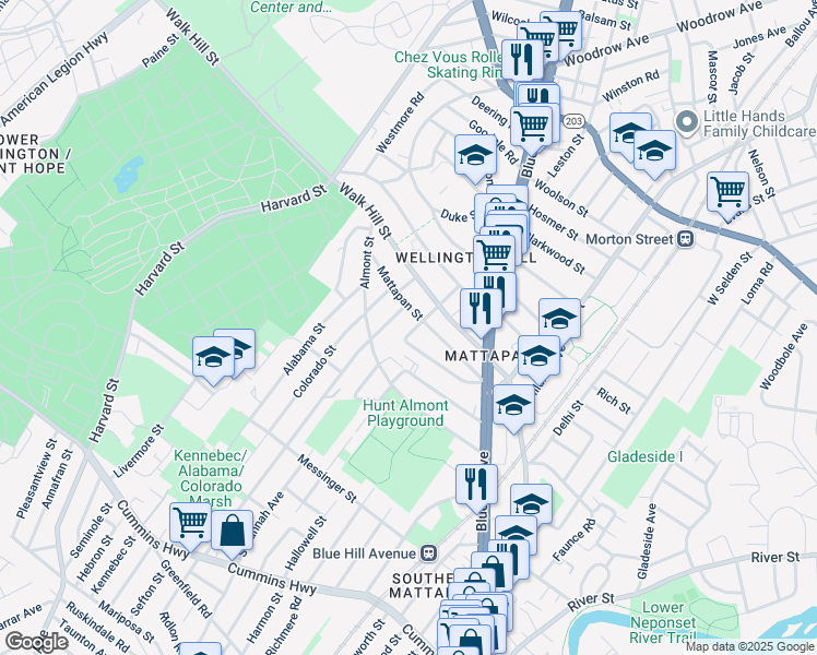 map of restaurants, bars, coffee shops, grocery stores, and more near 80 Hiawatha Road in Boston