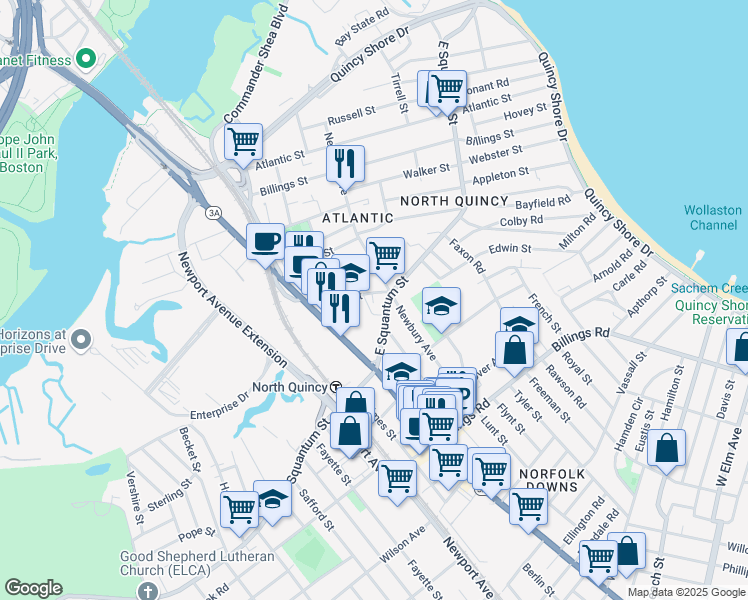 map of restaurants, bars, coffee shops, grocery stores, and more near 51 Hunt Street in Quincy