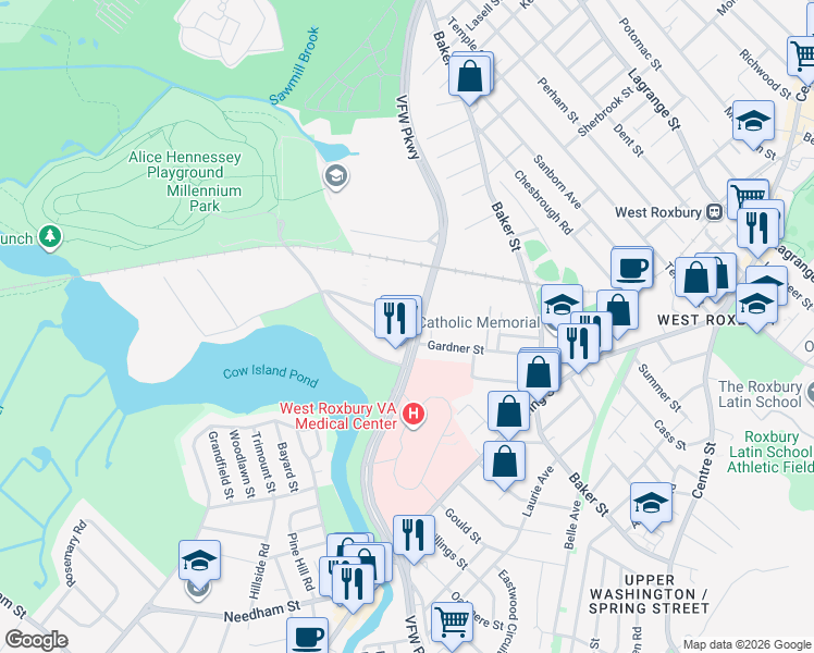 map of restaurants, bars, coffee shops, grocery stores, and more near 1235 VFW Parkway in Boston