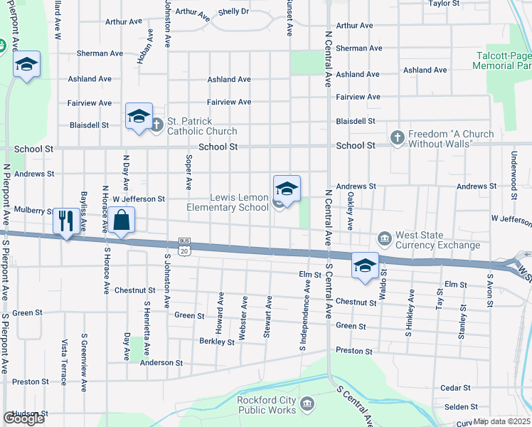 map of restaurants, bars, coffee shops, grocery stores, and more near 212 Albert Avenue in Rockford