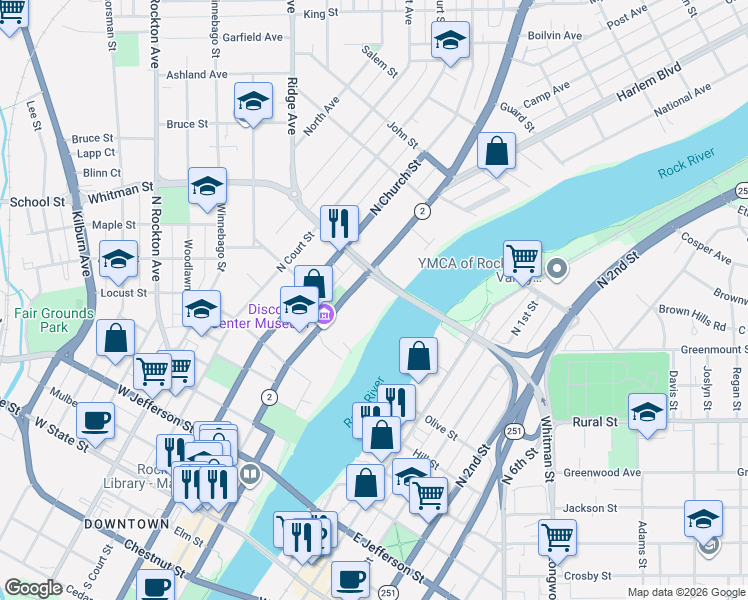 map of restaurants, bars, coffee shops, grocery stores, and more near 813 Illinois 2 in Rockford