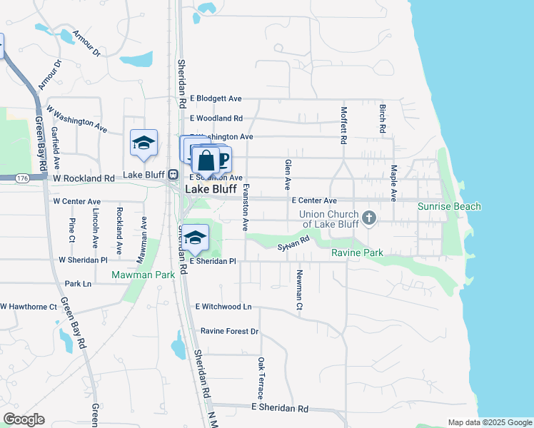 map of restaurants, bars, coffee shops, grocery stores, and more near 219 East Prospect Avenue in Lake Bluff