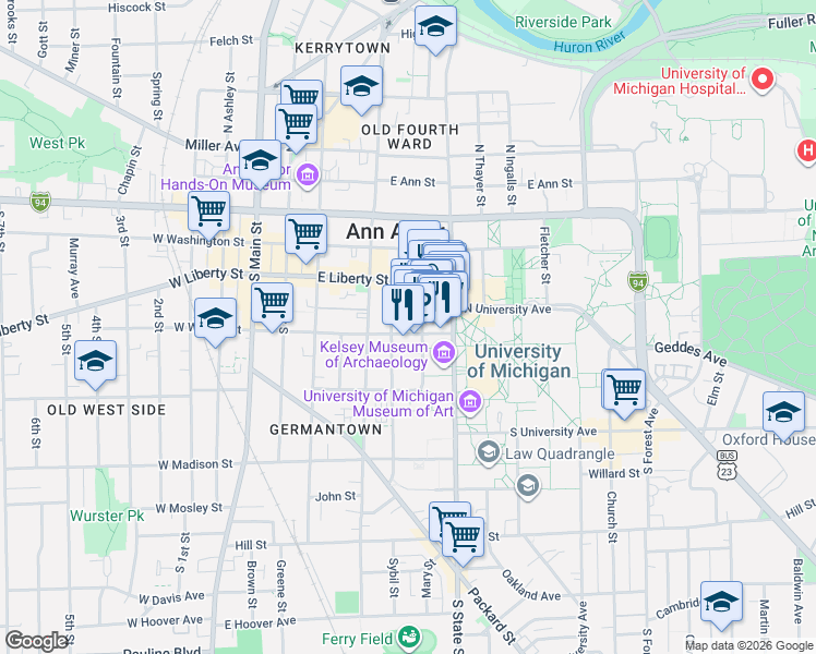 map of restaurants, bars, coffee shops, grocery stores, and more near 555 East William Street in Ann Arbor