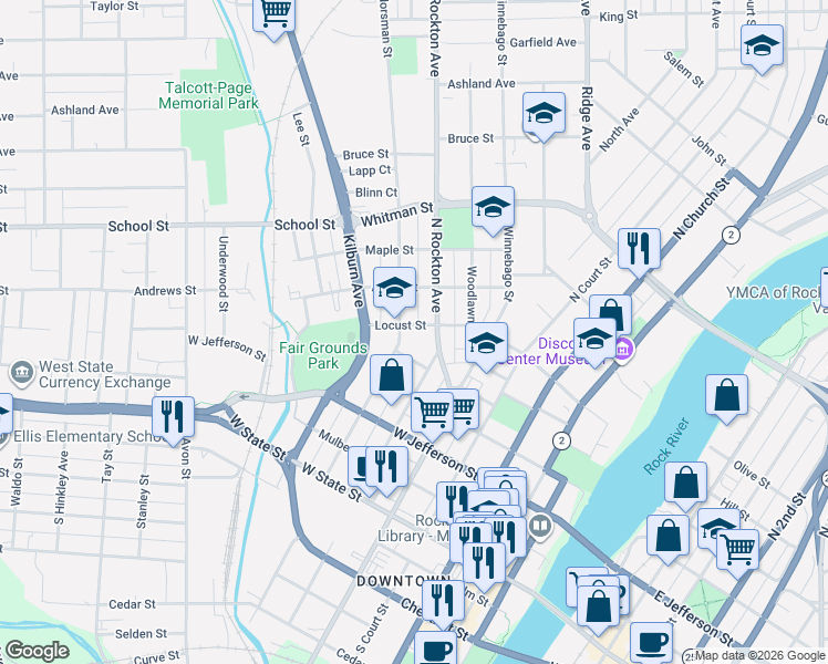 map of restaurants, bars, coffee shops, grocery stores, and more near 522 North Rockton Avenue in Rockford
