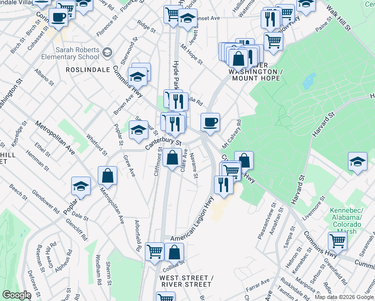 map of restaurants, bars, coffee shops, grocery stores, and more near 2 Clare Avenue in Boston