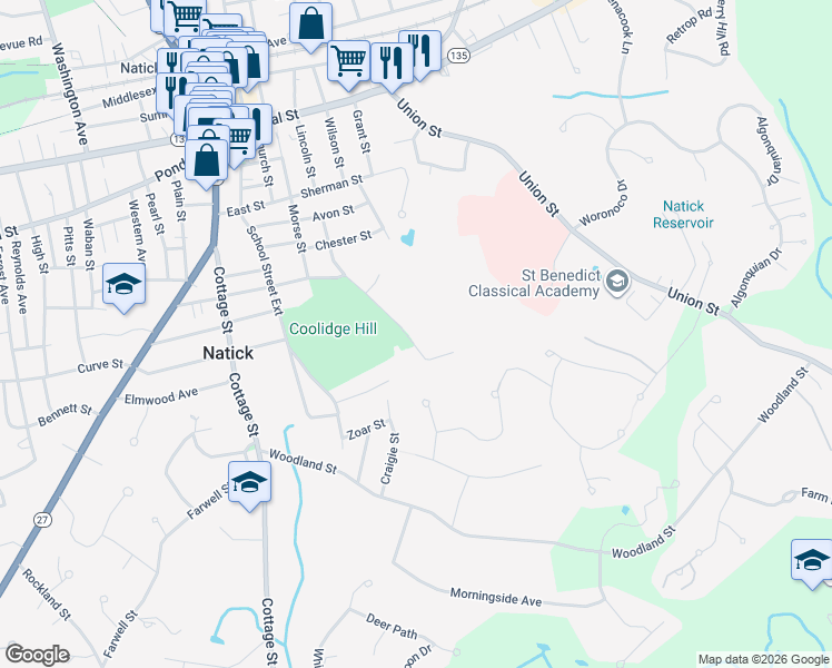map of restaurants, bars, coffee shops, grocery stores, and more near 44 Lincoln Street Extension in Natick
