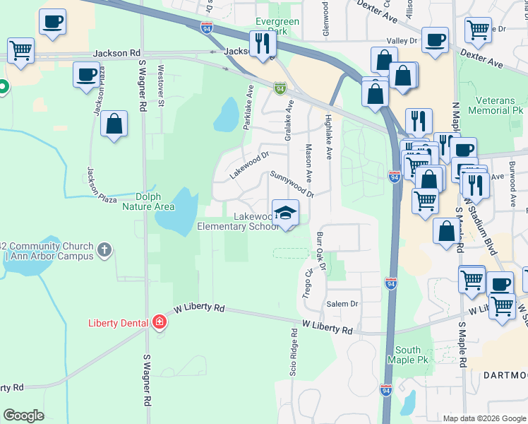 map of restaurants, bars, coffee shops, grocery stores, and more near 385 Hazelwood Avenue in Ann Arbor