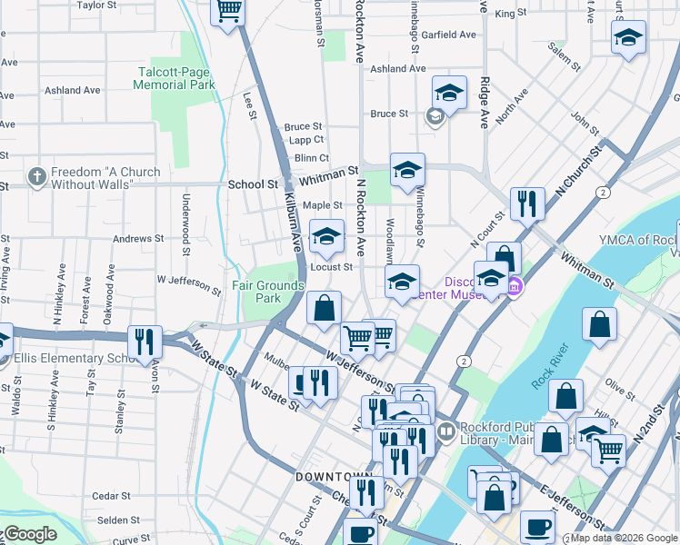 map of restaurants, bars, coffee shops, grocery stores, and more near 522 North Rockton Avenue in Rockford