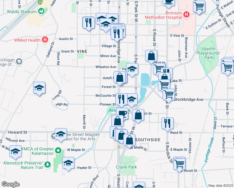 map of restaurants, bars, coffee shops, grocery stores, and more near 1324 South Westnedge Avenue in Kalamazoo