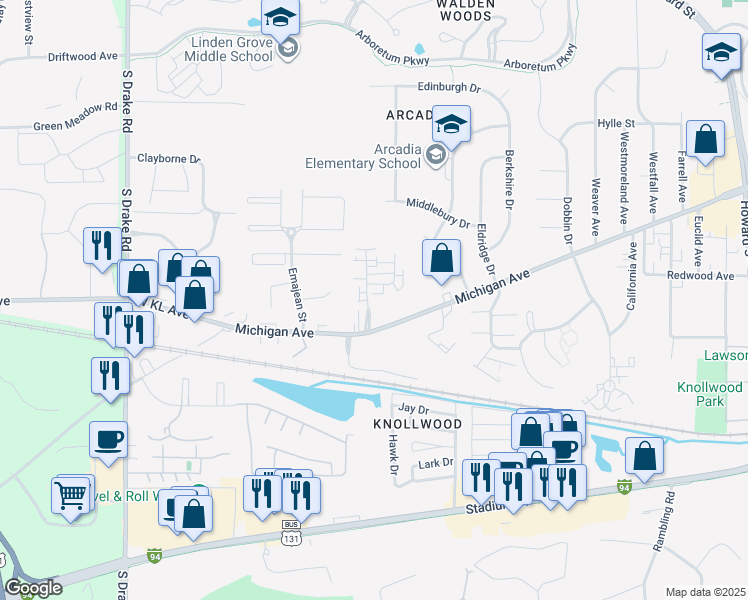 map of restaurants, bars, coffee shops, grocery stores, and more near 1311 Jack Pine Way in Kalamazoo