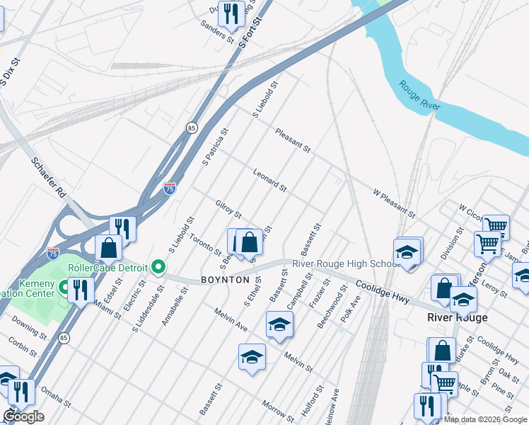 map of restaurants, bars, coffee shops, grocery stores, and more near 1335 South Beatrice Street in Detroit