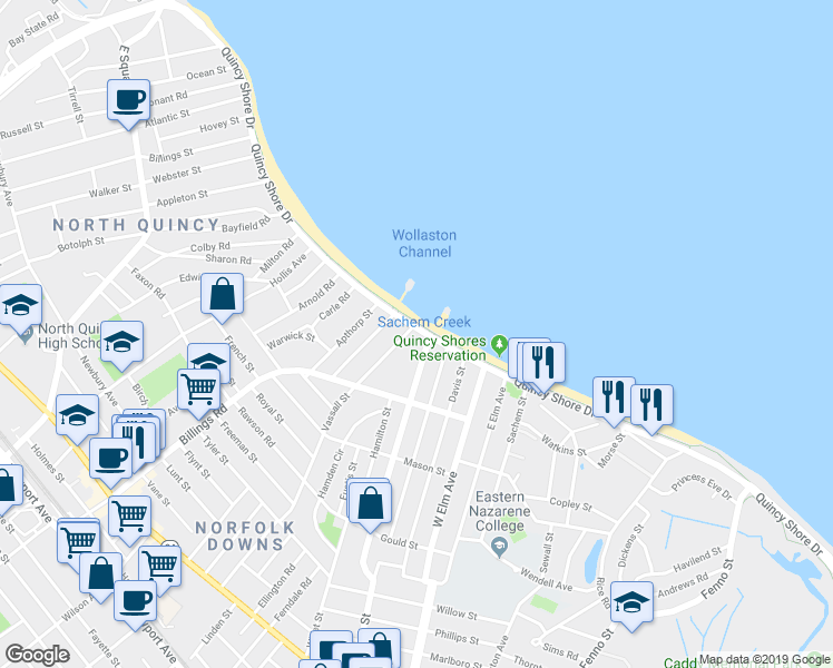 map of restaurants, bars, coffee shops, grocery stores, and more near 677 Quincy Shore Drive in Quincy