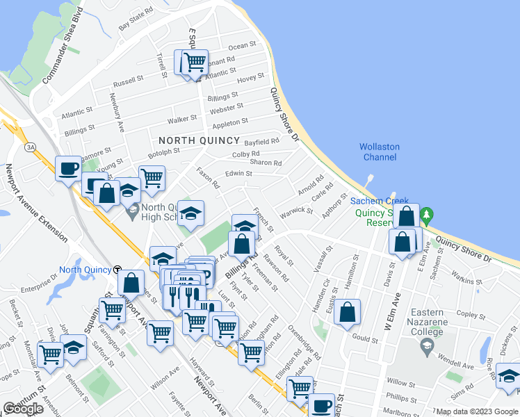 map of restaurants, bars, coffee shops, grocery stores, and more near 42 French Street in Quincy
