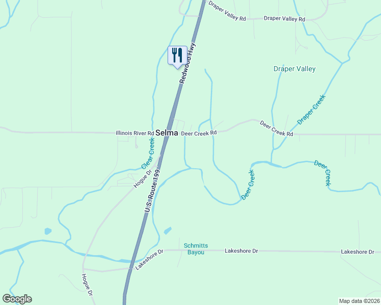 map of restaurants, bars, coffee shops, grocery stores, and more near 175 Deer Creek Road in Selma
