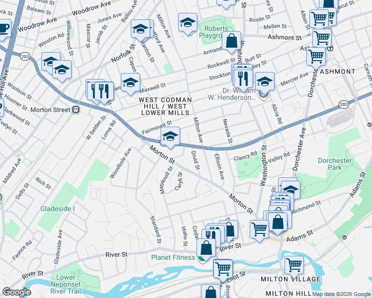 map of restaurants, bars, coffee shops, grocery stores, and more near 15 Druid Street in Boston
