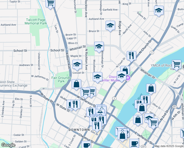 map of restaurants, bars, coffee shops, grocery stores, and more near 528 Woodlawn Avenue in Rockford