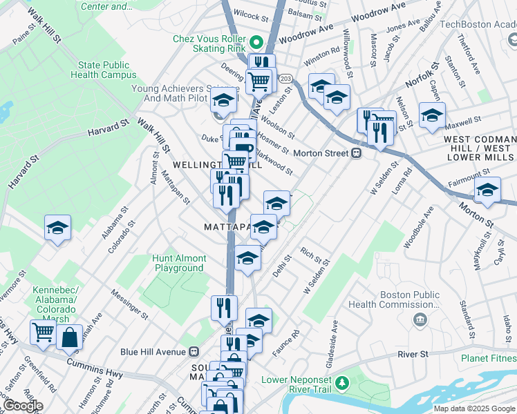 map of restaurants, bars, coffee shops, grocery stores, and more near 573 Norfolk Street in Boston