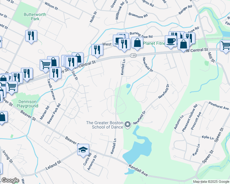 map of restaurants, bars, coffee shops, grocery stores, and more near 2 Village Hill Lane in Natick
