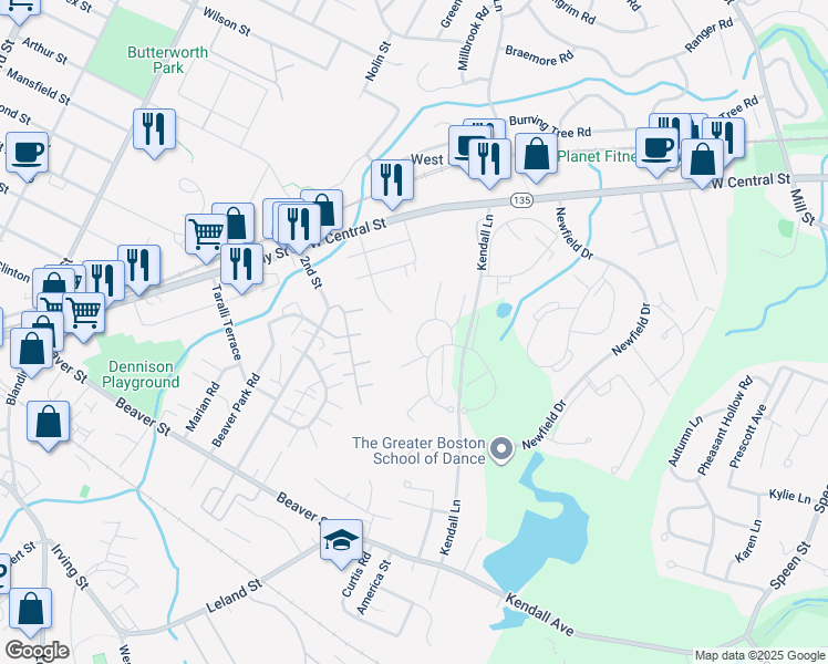 map of restaurants, bars, coffee shops, grocery stores, and more near 23 Village Rock Lane in Natick