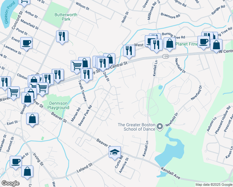 map of restaurants, bars, coffee shops, grocery stores, and more near 1b Beaver Terrace Circle in Framingham