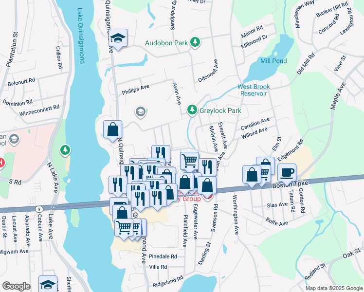 map of restaurants, bars, coffee shops, grocery stores, and more near 50 Olympia Avenue in Shrewsbury