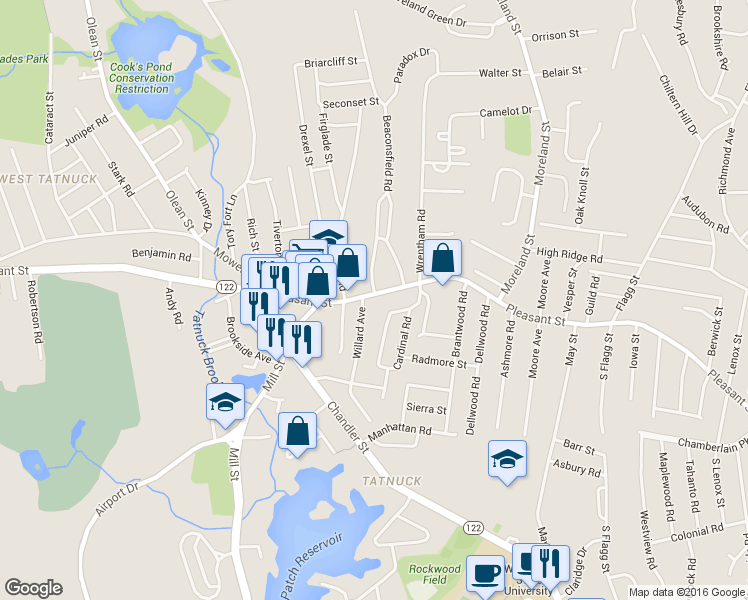 map of restaurants, bars, coffee shops, grocery stores, and more near 4 Maxdale Road in Worcester