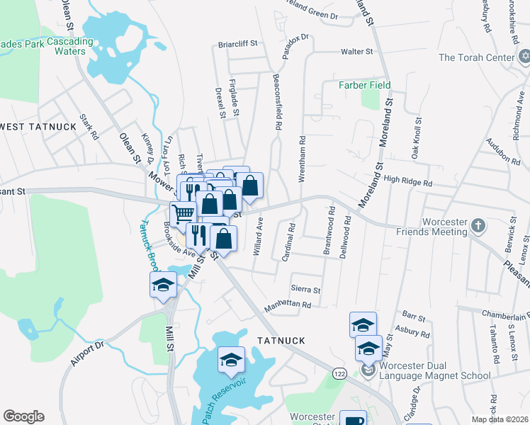 map of restaurants, bars, coffee shops, grocery stores, and more near 4 Maxdale Road in Worcester