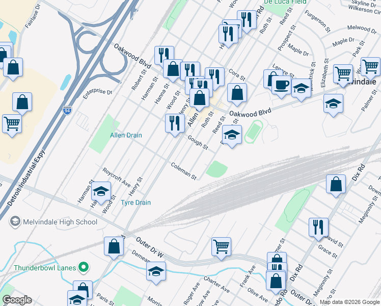 map of restaurants, bars, coffee shops, grocery stores, and more near 18874 Reed Street in Melvindale