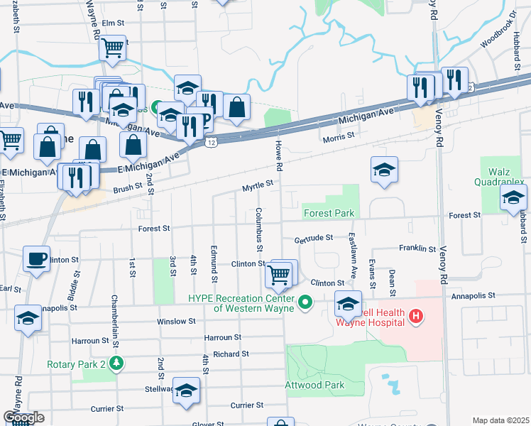 map of restaurants, bars, coffee shops, grocery stores, and more near 4106 Howe Road in Wayne