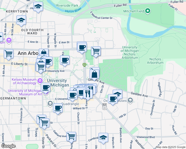 map of restaurants, bars, coffee shops, grocery stores, and more near 1341 Geddes Avenue in Ann Arbor