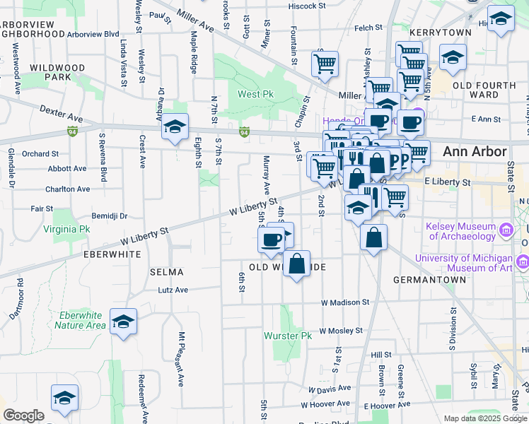 map of restaurants, bars, coffee shops, grocery stores, and more near 413 5th Street in Ann Arbor