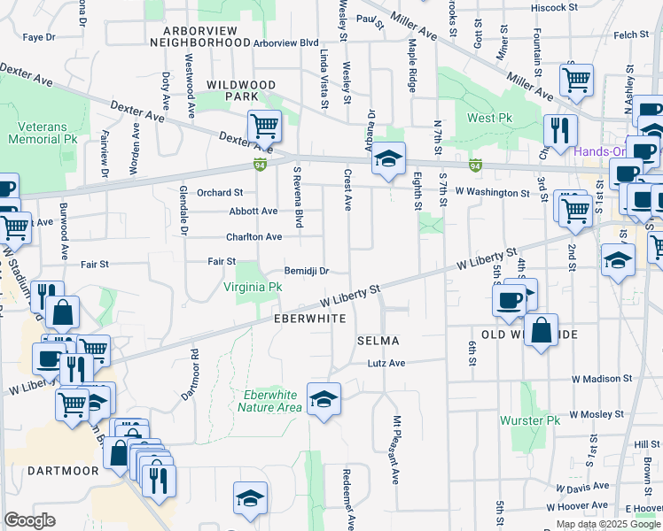 map of restaurants, bars, coffee shops, grocery stores, and more near 1400 West Liberty Street in Ann Arbor