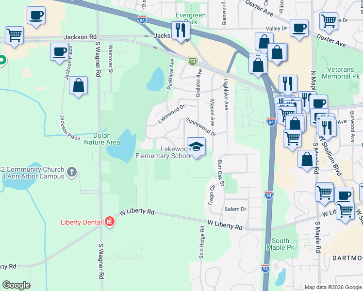 map of restaurants, bars, coffee shops, grocery stores, and more near 385 Hazelwood Avenue in Ann Arbor