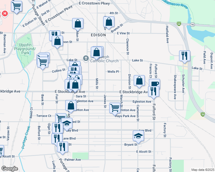 map of restaurants, bars, coffee shops, grocery stores, and more near 1216 East Stockbridge Avenue in Kalamazoo