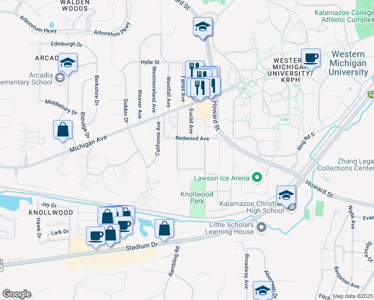 map of restaurants, bars, coffee shops, grocery stores, and more near 1323 Greenwood Avenue in Kalamazoo
