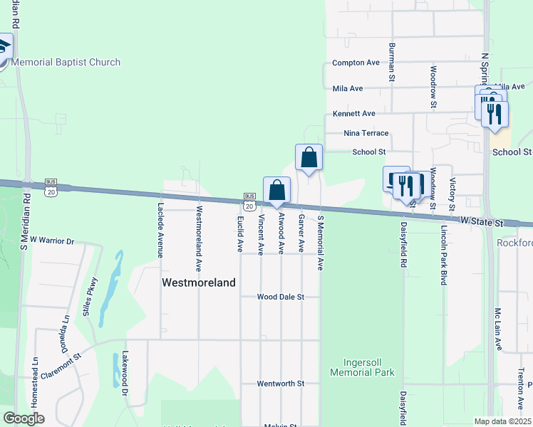 map of restaurants, bars, coffee shops, grocery stores, and more near 116 Vincent Avenue in Rockford
