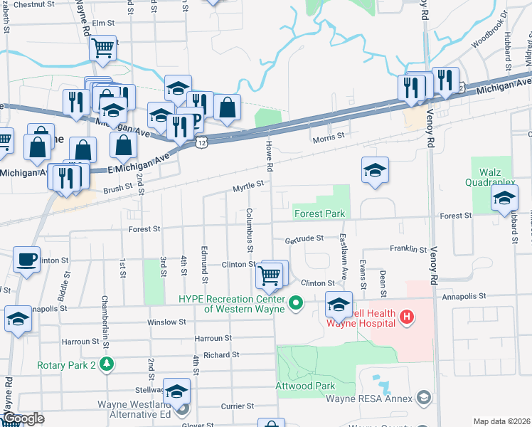 map of restaurants, bars, coffee shops, grocery stores, and more near 4106 Howe Road in Wayne