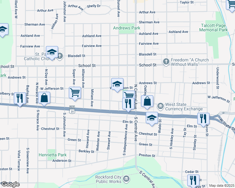 map of restaurants, bars, coffee shops, grocery stores, and more near 1993 Mulberry Street in Rockford