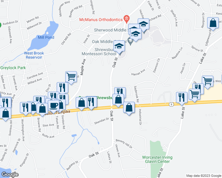 map of restaurants, bars, coffee shops, grocery stores, and more near 2 Williamsburg Court in Shrewsbury