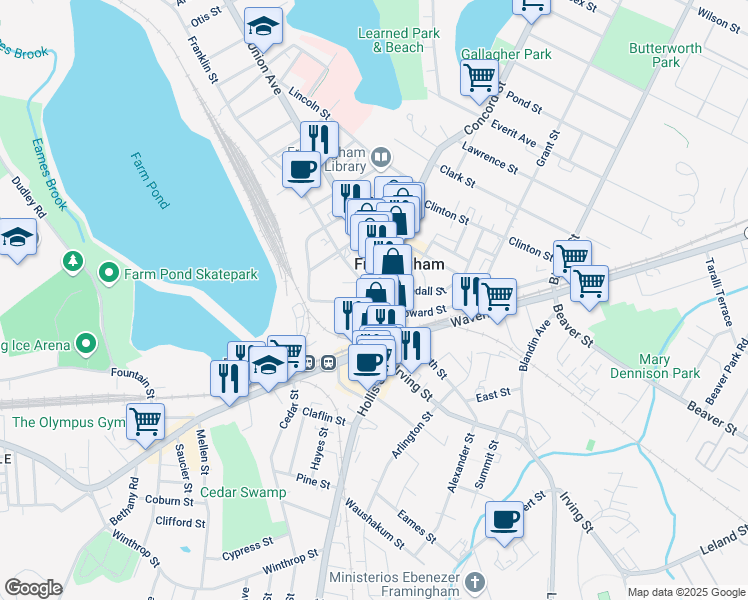 map of restaurants, bars, coffee shops, grocery stores, and more near 10 Francine Road in Framingham