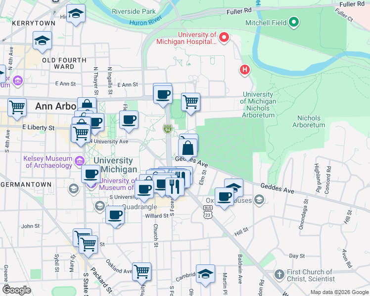 map of restaurants, bars, coffee shops, grocery stores, and more near 1330 North University Court in Ann Arbor