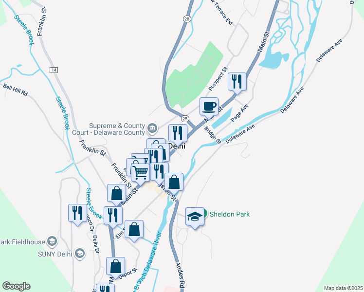 map of restaurants, bars, coffee shops, grocery stores, and more near 127 Main Street in Delhi