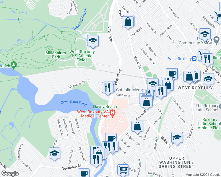map of restaurants, bars, coffee shops, grocery stores, and more near 1233 Veterans of Foreign Wars Parkway in Boston