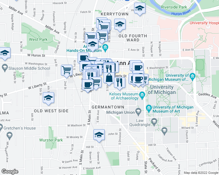 map of restaurants, bars, coffee shops, grocery stores, and more near 343 South 5th Avenue in Ann Arbor