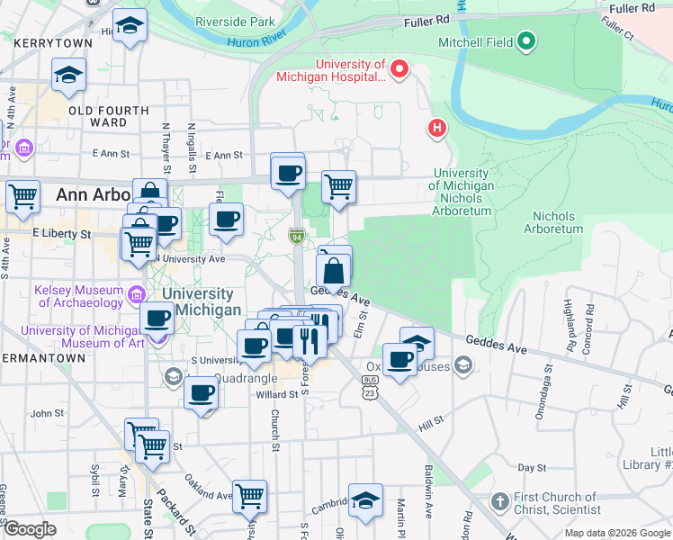 map of restaurants, bars, coffee shops, grocery stores, and more near 1340 North University Court in Ann Arbor