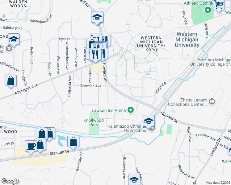 map of restaurants, bars, coffee shops, grocery stores, and more near Knollwood Avenue in Kalamazoo