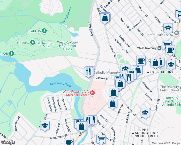map of restaurants, bars, coffee shops, grocery stores, and more near 1240 VFW Parkway in Boston