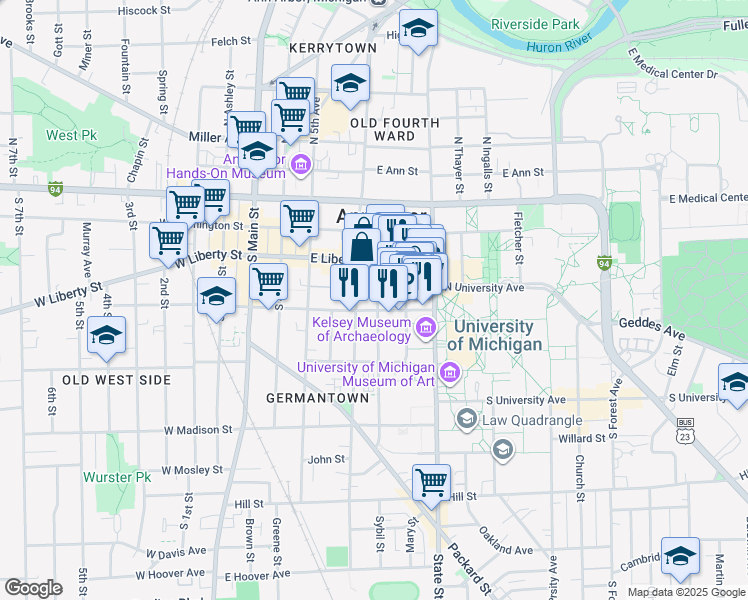 map of restaurants, bars, coffee shops, grocery stores, and more near 350 Thompson Street in Ann Arbor