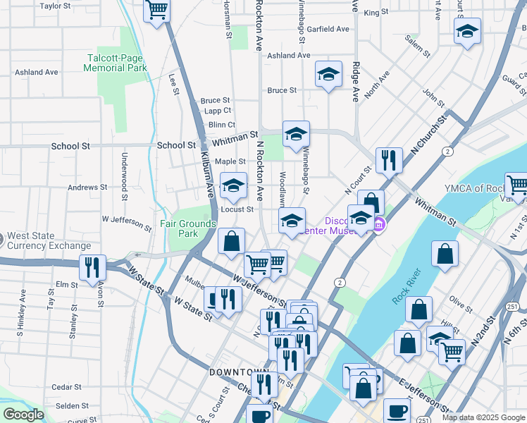 map of restaurants, bars, coffee shops, grocery stores, and more near 539 North Rockton Avenue in Rockford