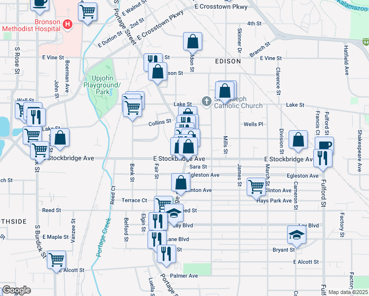 map of restaurants, bars, coffee shops, grocery stores, and more near 746 East Stockbridge Avenue in Kalamazoo